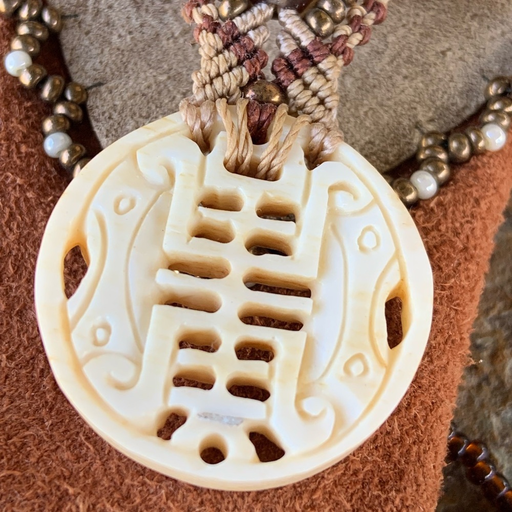 Native American Deerskin Leather Bead & Ivory  Fringed Pouch Bag Necklace - Picture 11 of 13